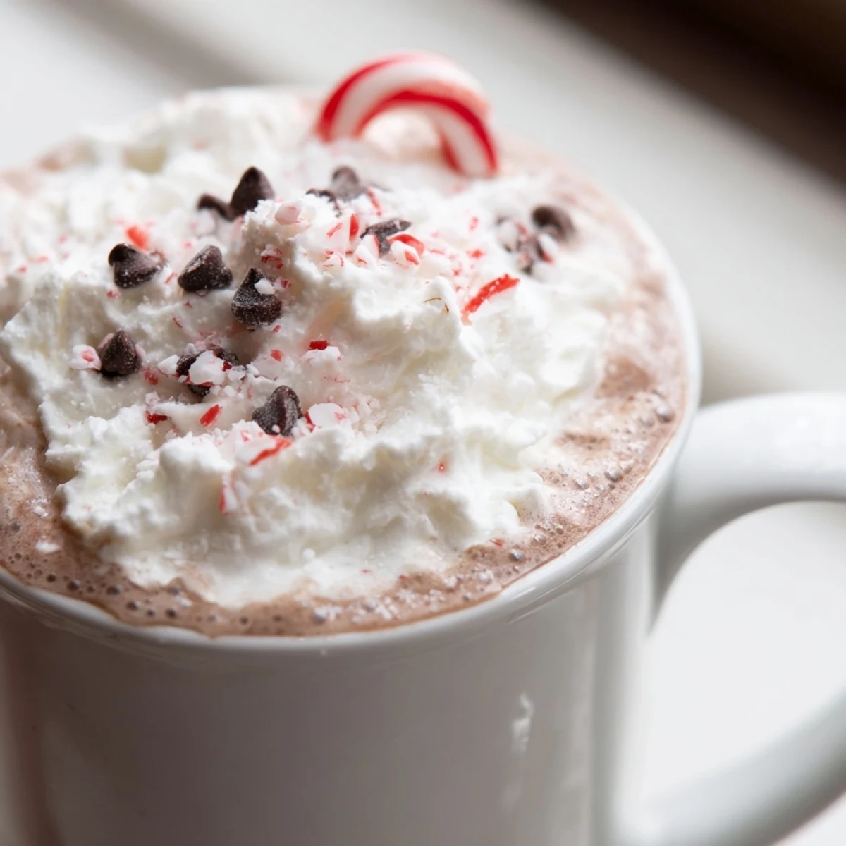 Creamy peppermint hot cocoa recipe served in a cozy mug topped with whipped cream.