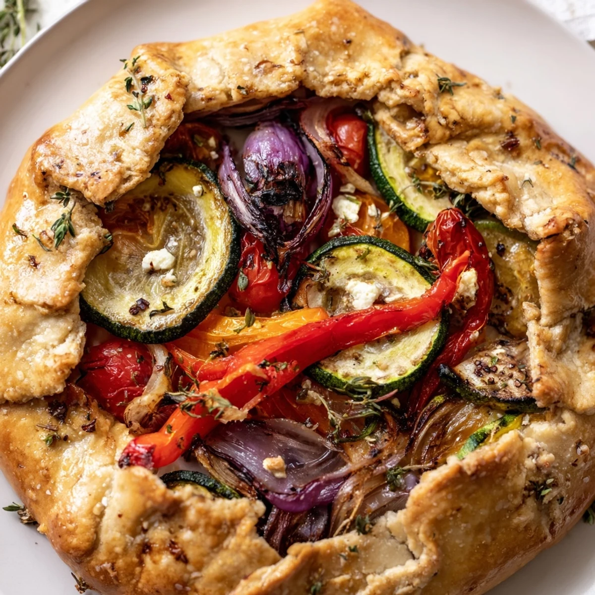 Freshly baked Savory Galette with Veggies showcasing roasted zucchini and red peppers inside a golden, flaky crust.