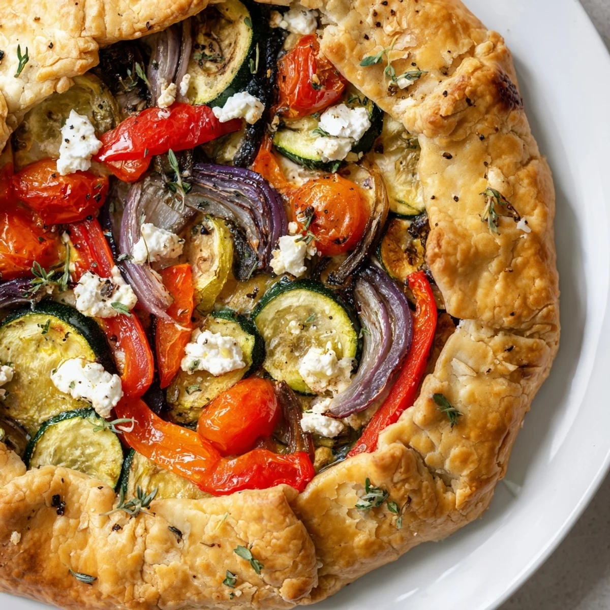 Slice of warm Savory Galette with Veggies served on a rustic plate with a dollop of creamy goat cheese.