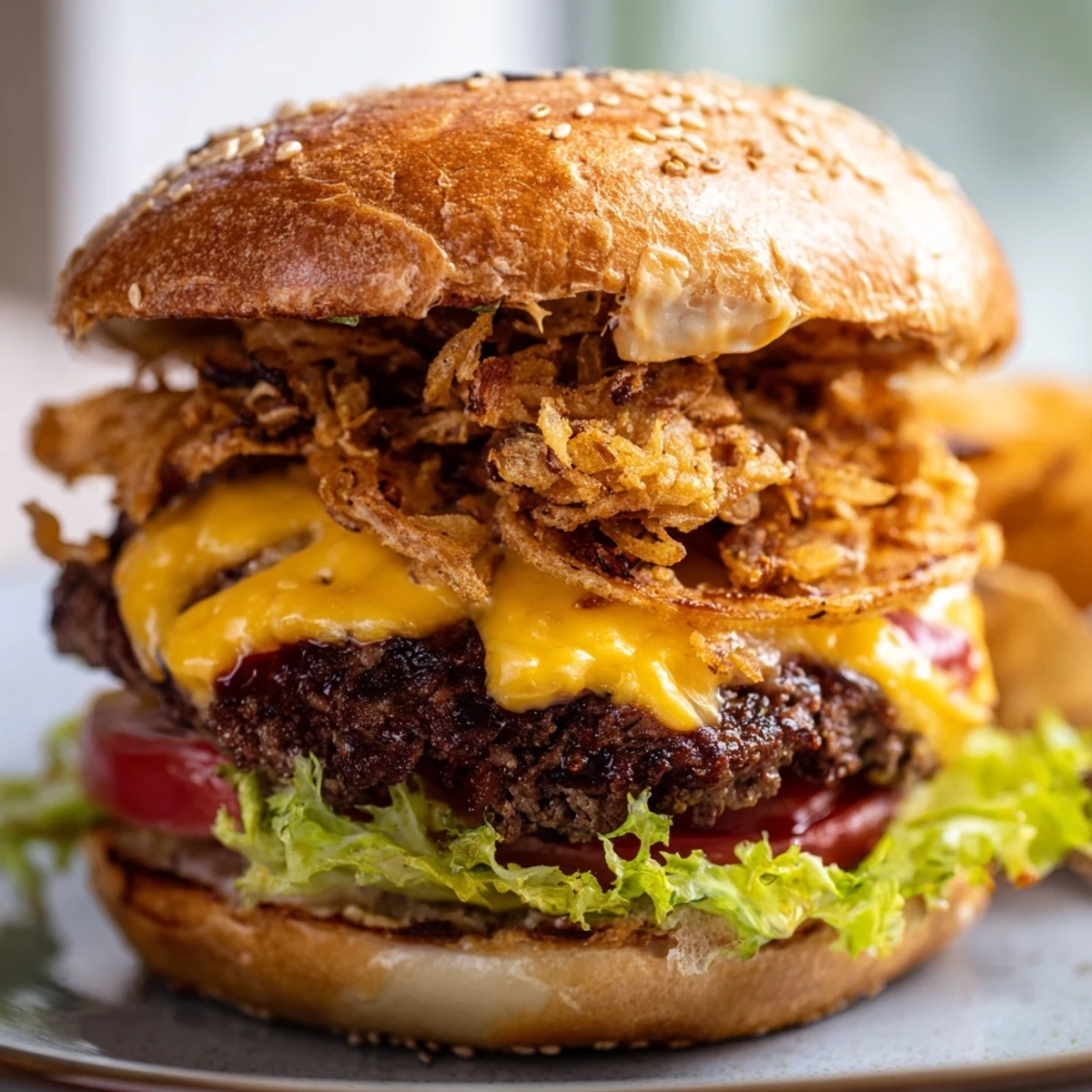 Golden, crispy fried onions and melted cheddar top a juicy beef patty on a toasted brioche bun.