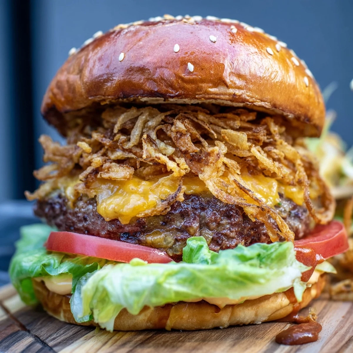 Close-up of a loaded Crispy Onion Burger with crunchy onions piled high on a beef patty.