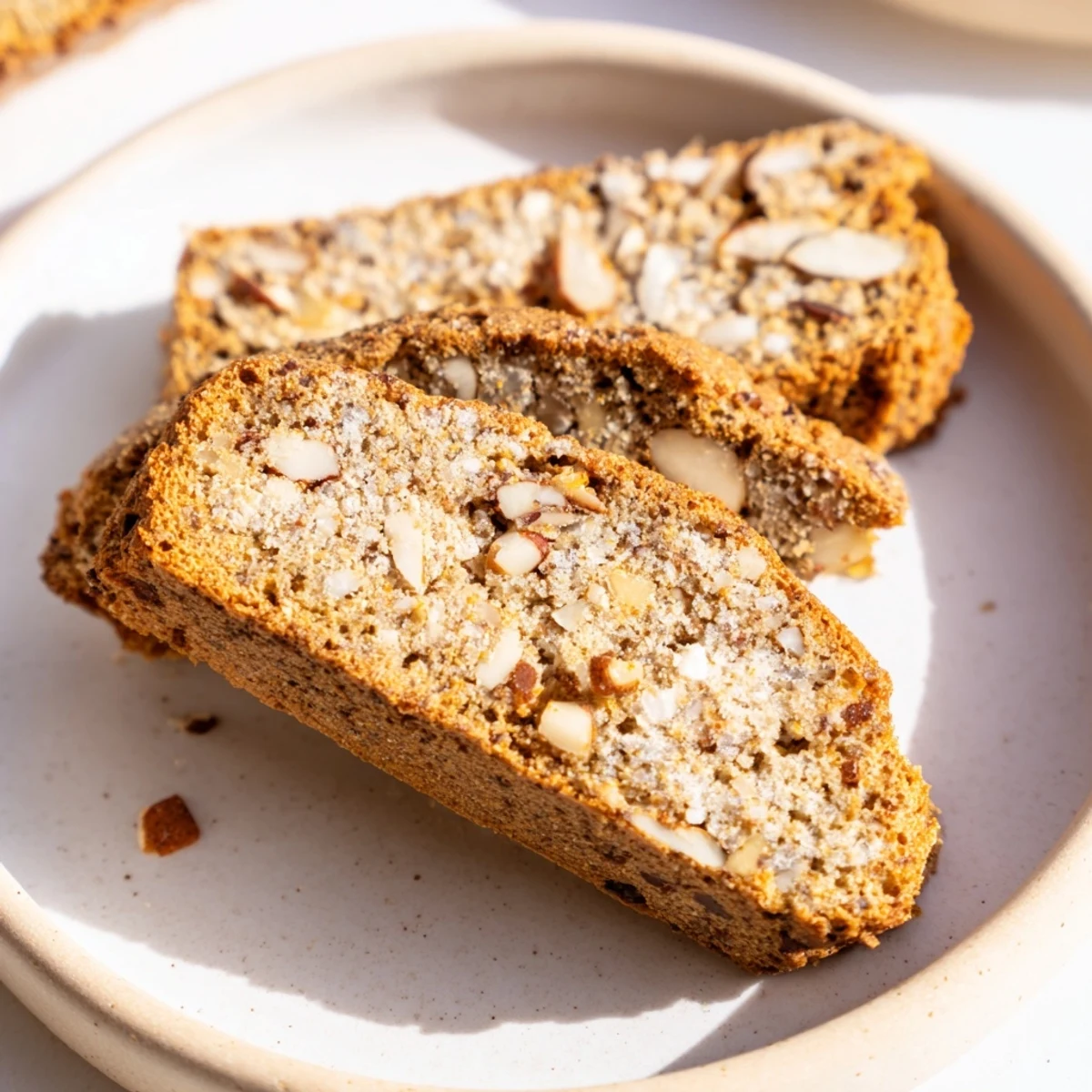 Golden-brown Gingerbread Biscotti with Coffee resting on a white plate, showing crunchy almond pieces and sparkling sugar crystals.