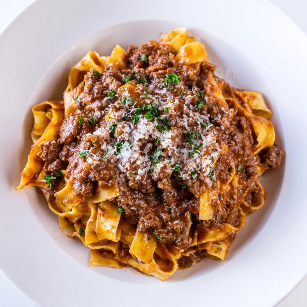 Steaming Beef Bolognese sauce in a heavy pot, rich red sauce clinging to tender tagliatelle noodles and topped with Parmesan.