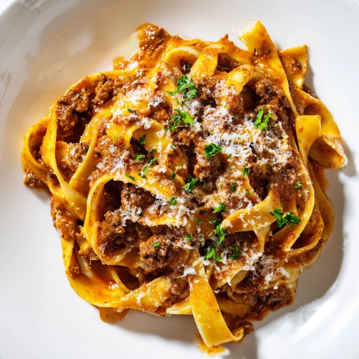 Freshly cooked Beef Bolognese with pasta twirled on a fork, ready to serve with a glass of red wine and crusty bread.