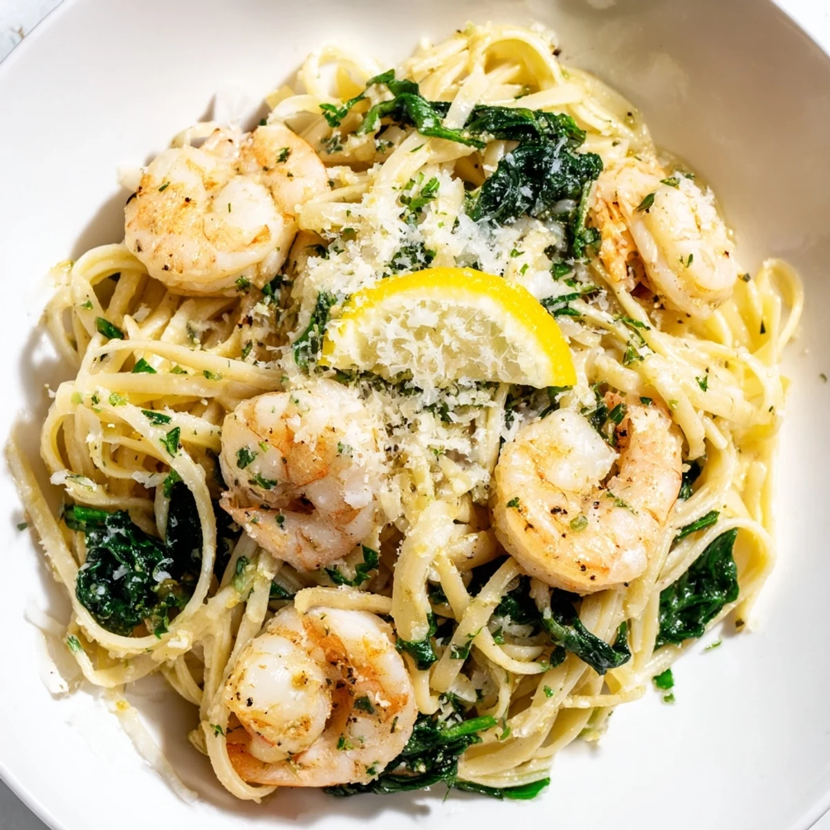 Bright, juicy shrimp and wilted spinach tossed in a zesty lemon garlic sauce over al dente linguine.