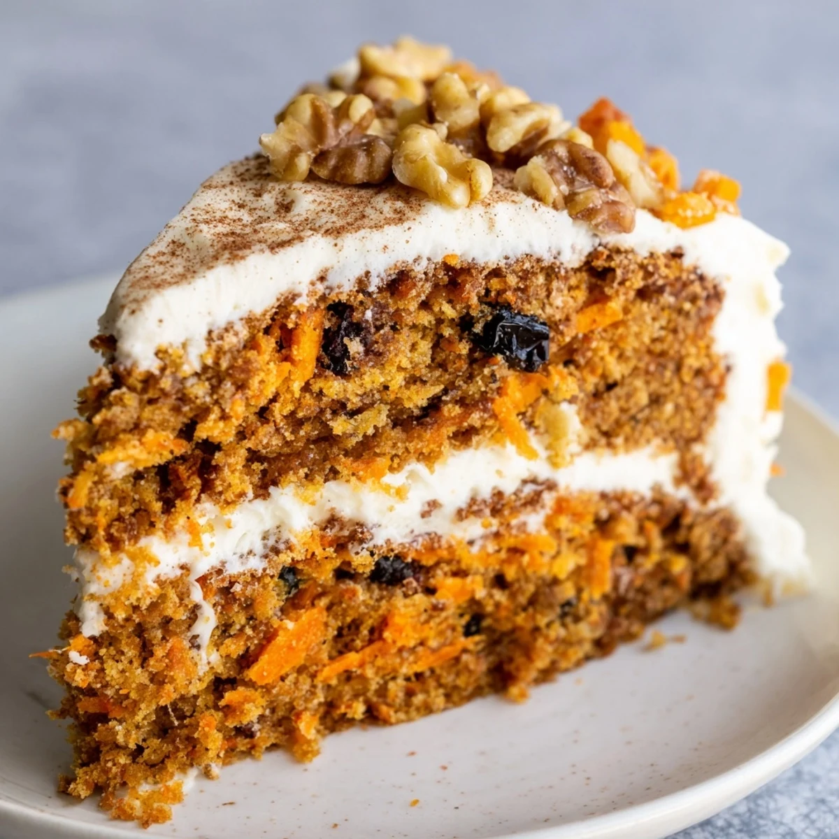 Two layers of moist spiced carrot cake are stacked and generously frosted with tangy cream cheese frosting, decorated with chopped pecans.