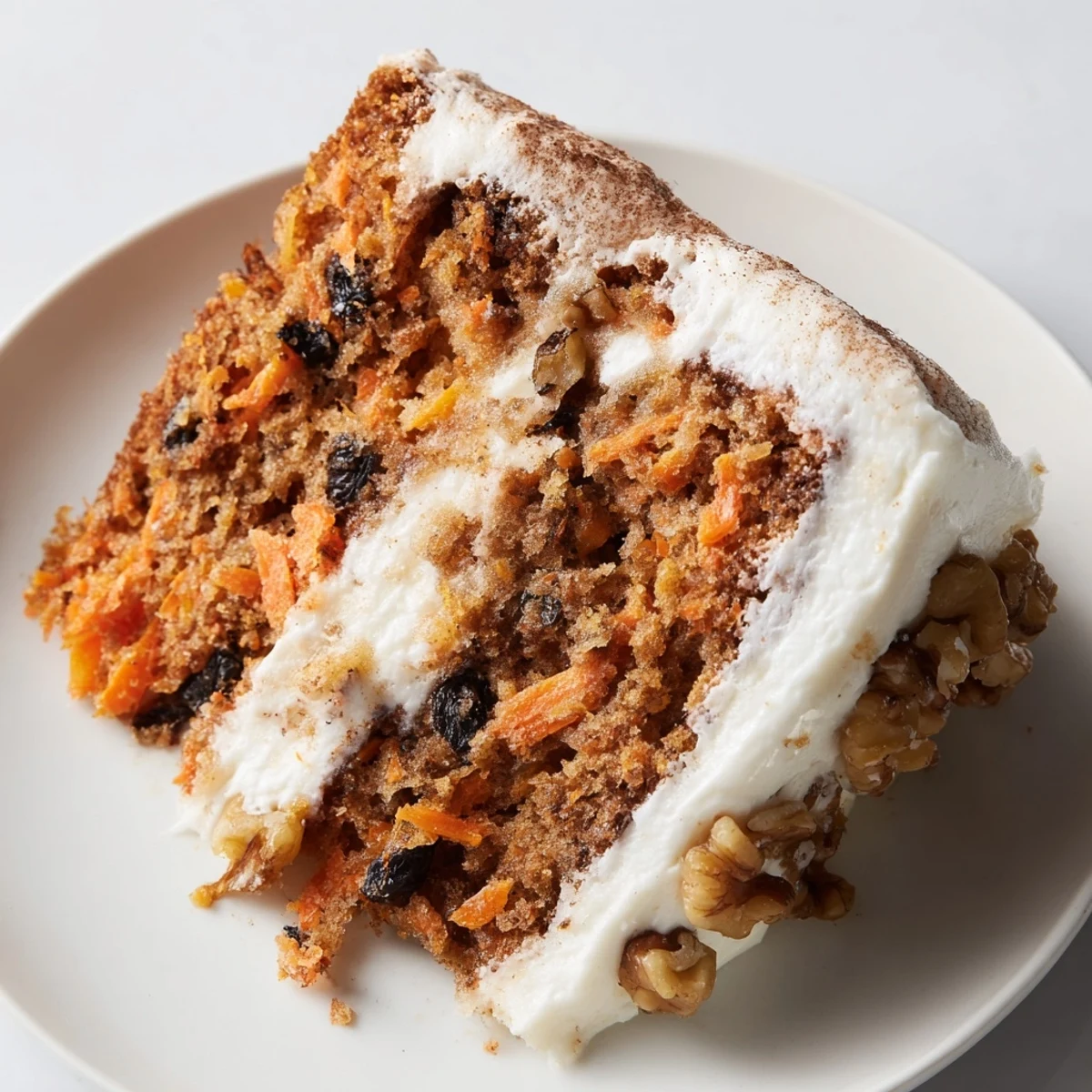 A close-up slice of spiced carrot cake reveals tender crumb, shredded carrots, and luscious cream cheese frosting on a dessert plate.