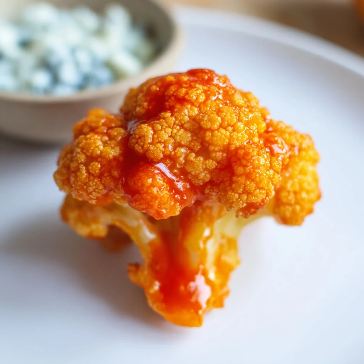 Golden Air Fryer Buffalo Cauliflower Bites piled high next to crunchy carrot sticks and a creamy blue cheese dipping sauce.