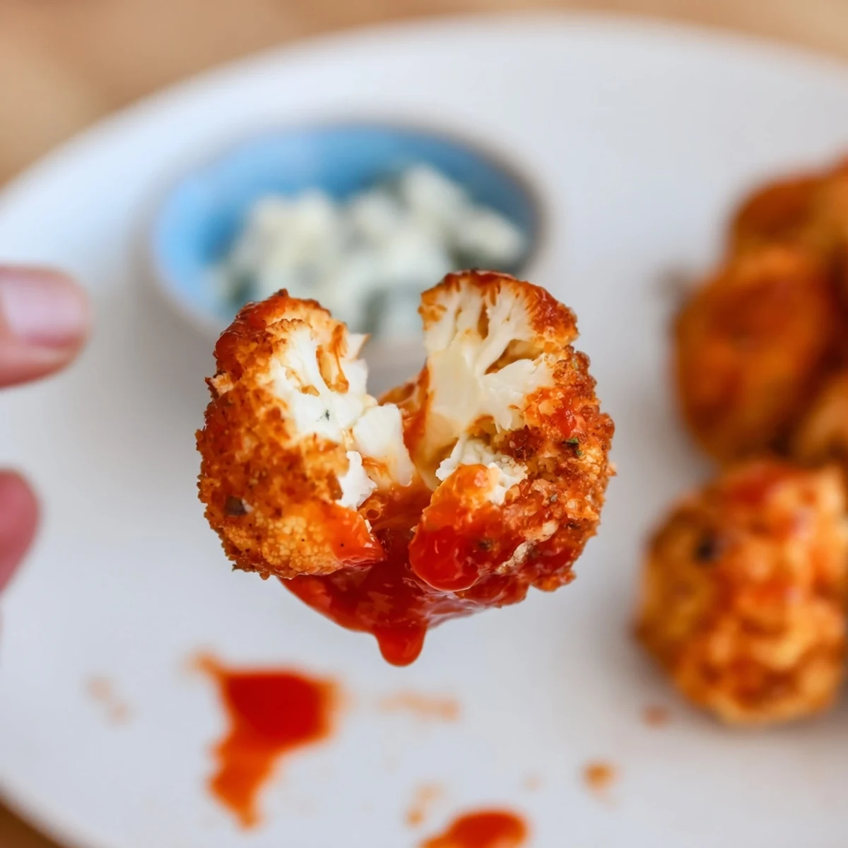 Freshly tossed Air Fryer Buffalo Cauliflower Bites in a warm bowl, showcasing their crunchy texture and vibrant buffalo glaze.