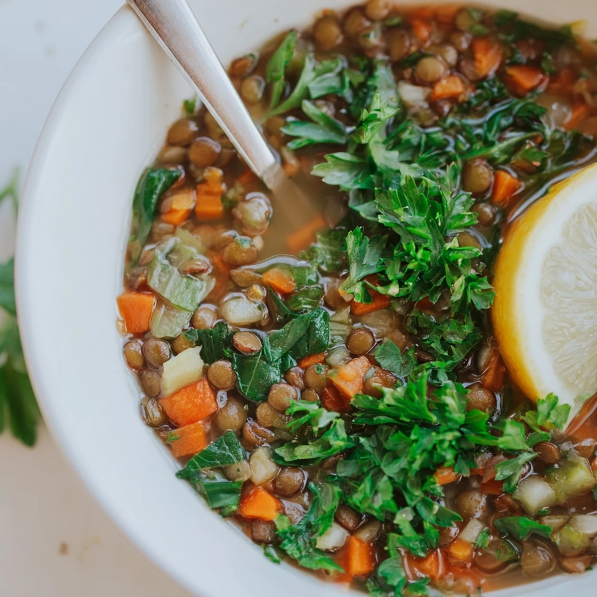 A close-up of Hearty Lentil Soup with Spinach and Lemon, showcasing vibrant greens and lemon wedges on the side.