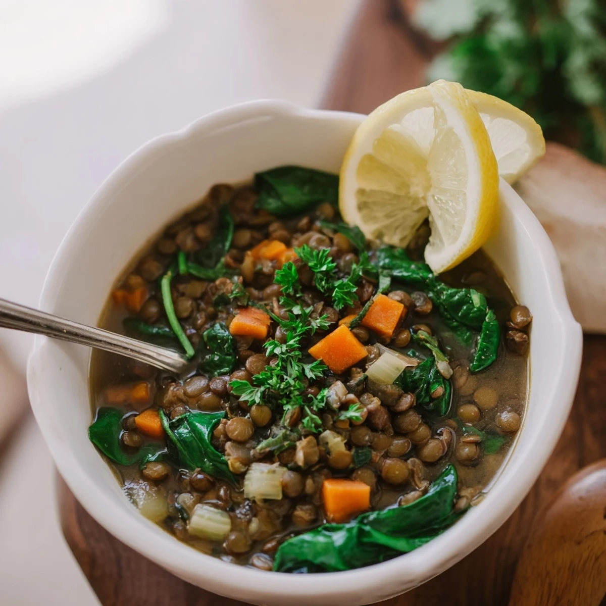 Rustic kitchen table with Hearty Lentil Soup with Spinach and Lemon beside fresh parsley and a glass bowl of greens.