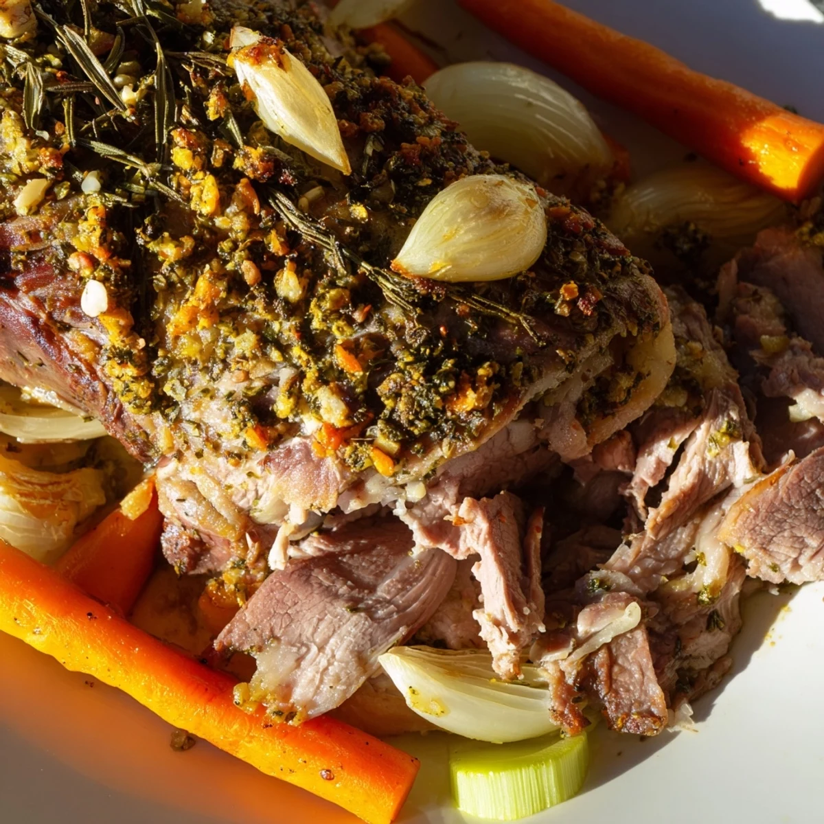 Juicy Slow Roasted Lamb Shoulder with Herbs being sliced, revealing tender pink meat, surrounded by caramelized onions and carrots.