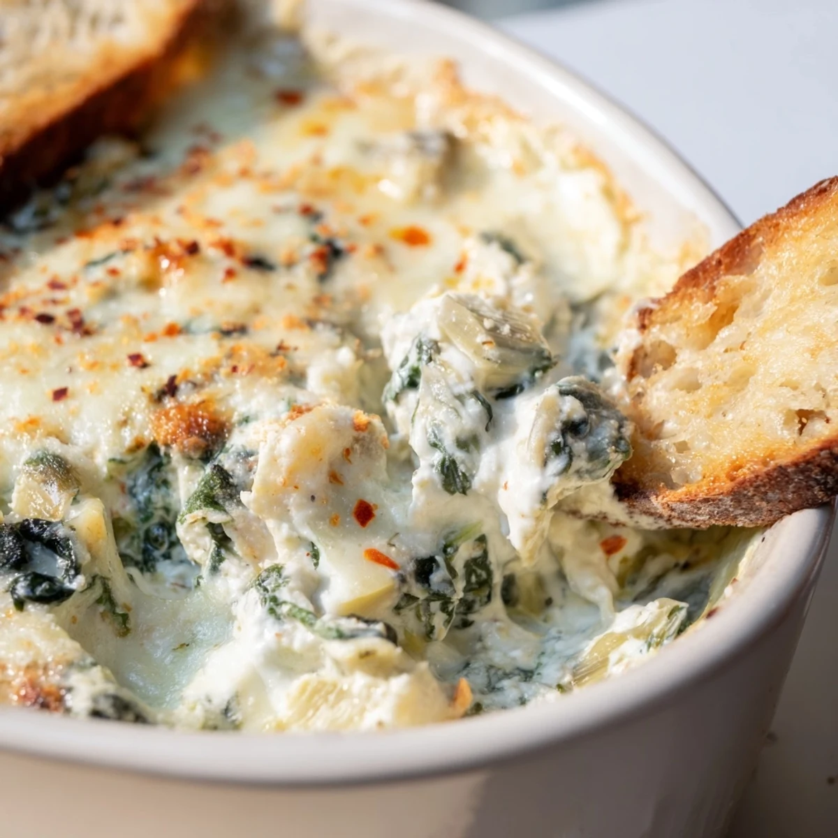 Golden, bubbling Cheesy Spinach and Artichoke Dip, fresh from the oven, served with crisp, toasted baguette slices for dipping.