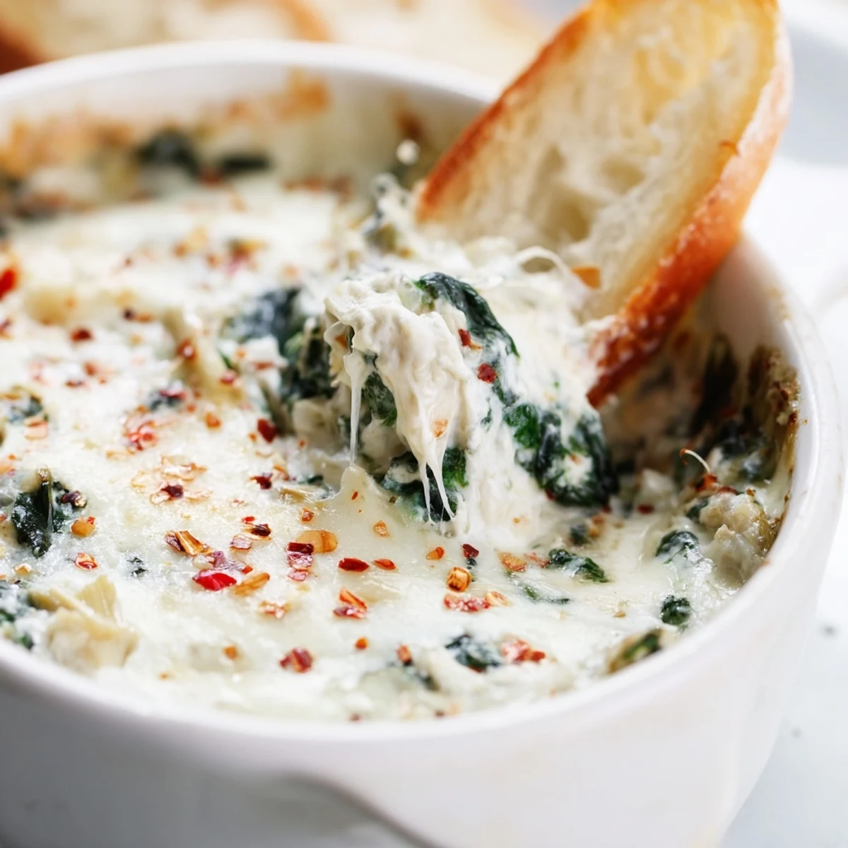 Party platter featuring a baked dish of Cheesy Spinach and Artichoke Dip surrounded by golden, crunchy baguette slices.