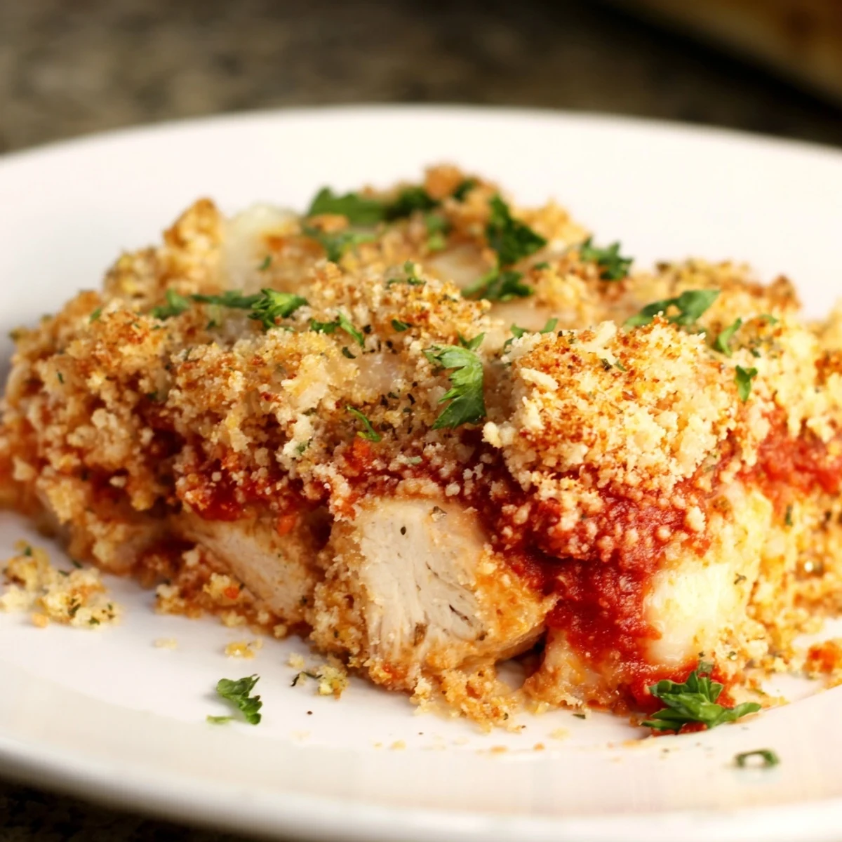 Golden brown Chicken Parmesan Casserole with melty mozzarella and a crispy panko topping.