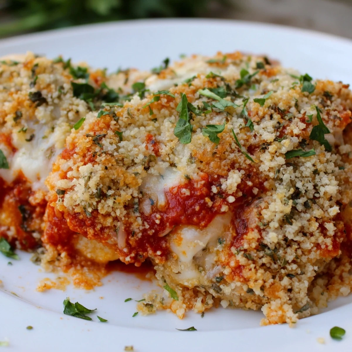 Bubbling Chicken Parmesan Casserole straight from the oven, featuring tender chicken and rich sauce.