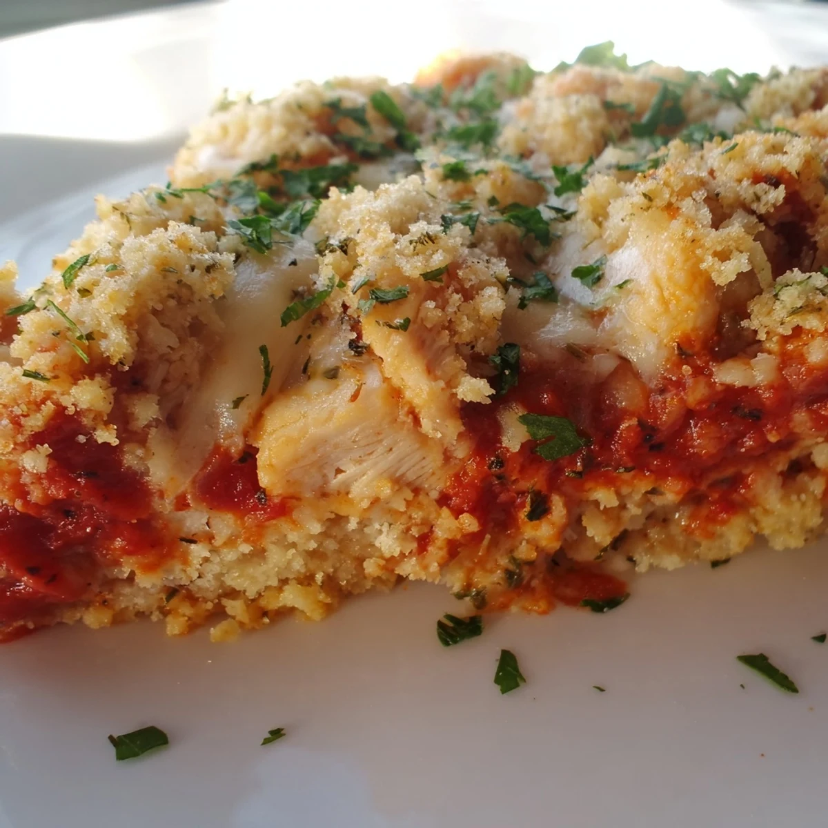 A generous scoop of Chicken Parmesan Casserole served alongside fresh marinara and parsley.