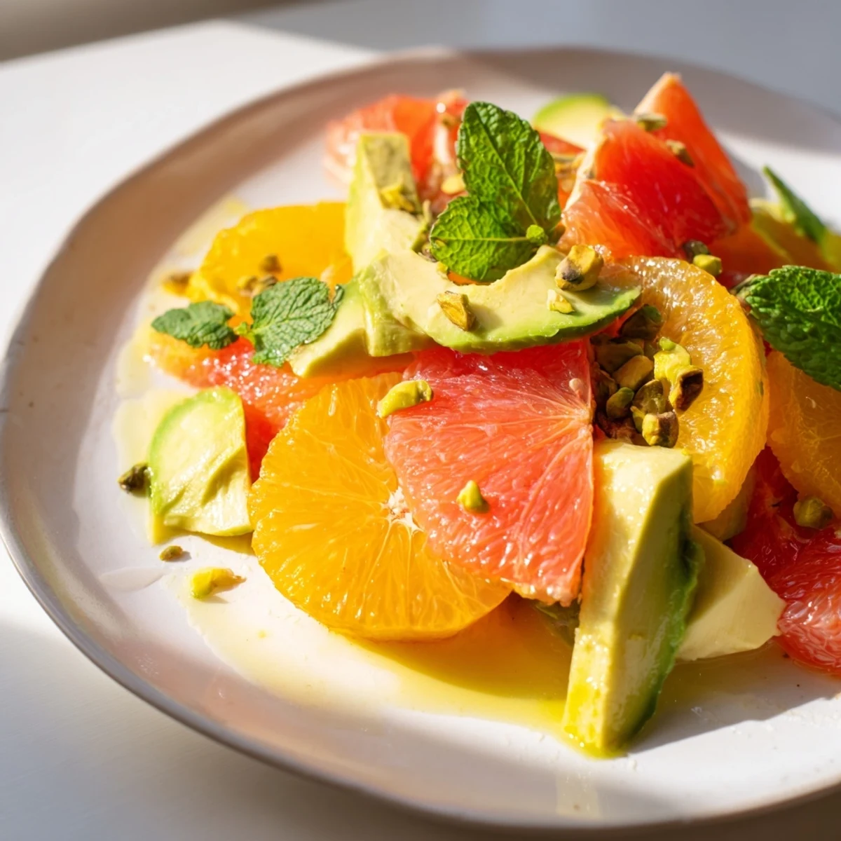 Bright orange and blood orange slices topped with creamy avocado slices and fresh mint leaves on a white platter.