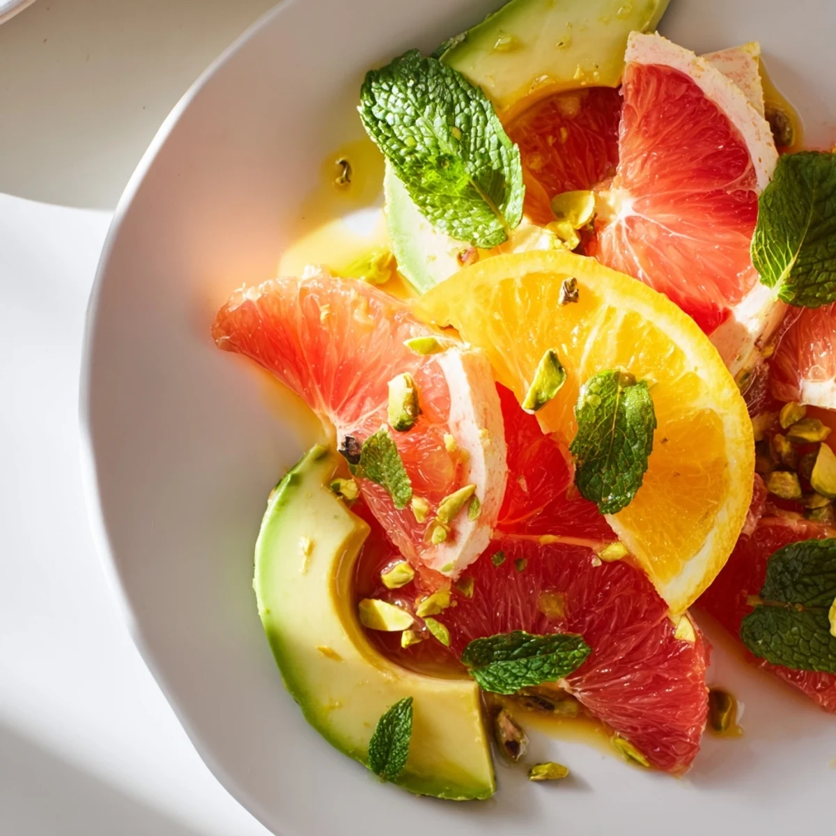 Vibrant Winter Citrus Salad with avocado and mint, drizzled with dressing, ready to serve alongside grilled fish.