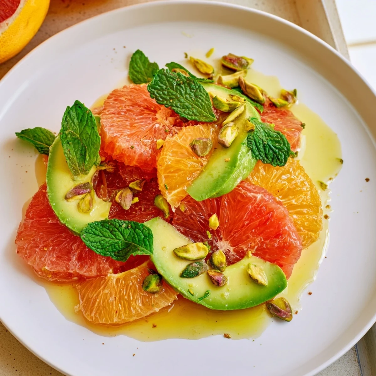 Freshly sliced oranges, avocado, and mint arranged beautifully for the Winter Citrus Salad, garnished with chopped pistachios.