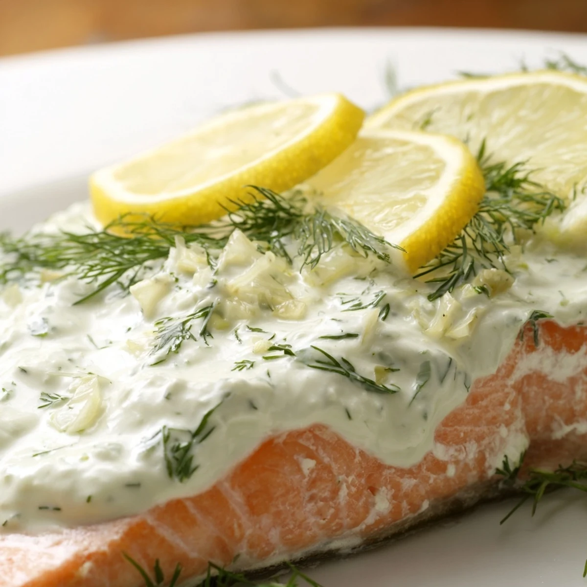 Golden-brown Baked Salmon with Dill and Cucumber Yogurt fresh from the oven, garnished with lemon wedges on a rustic plate.