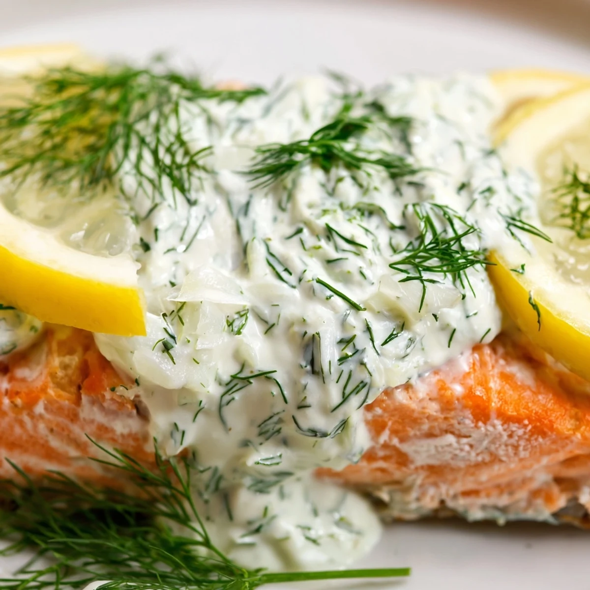 Tender Baked Salmon with Dill and Cucumber Yogurt sauce drizzled over the fillet, paired with a crisp green salad.