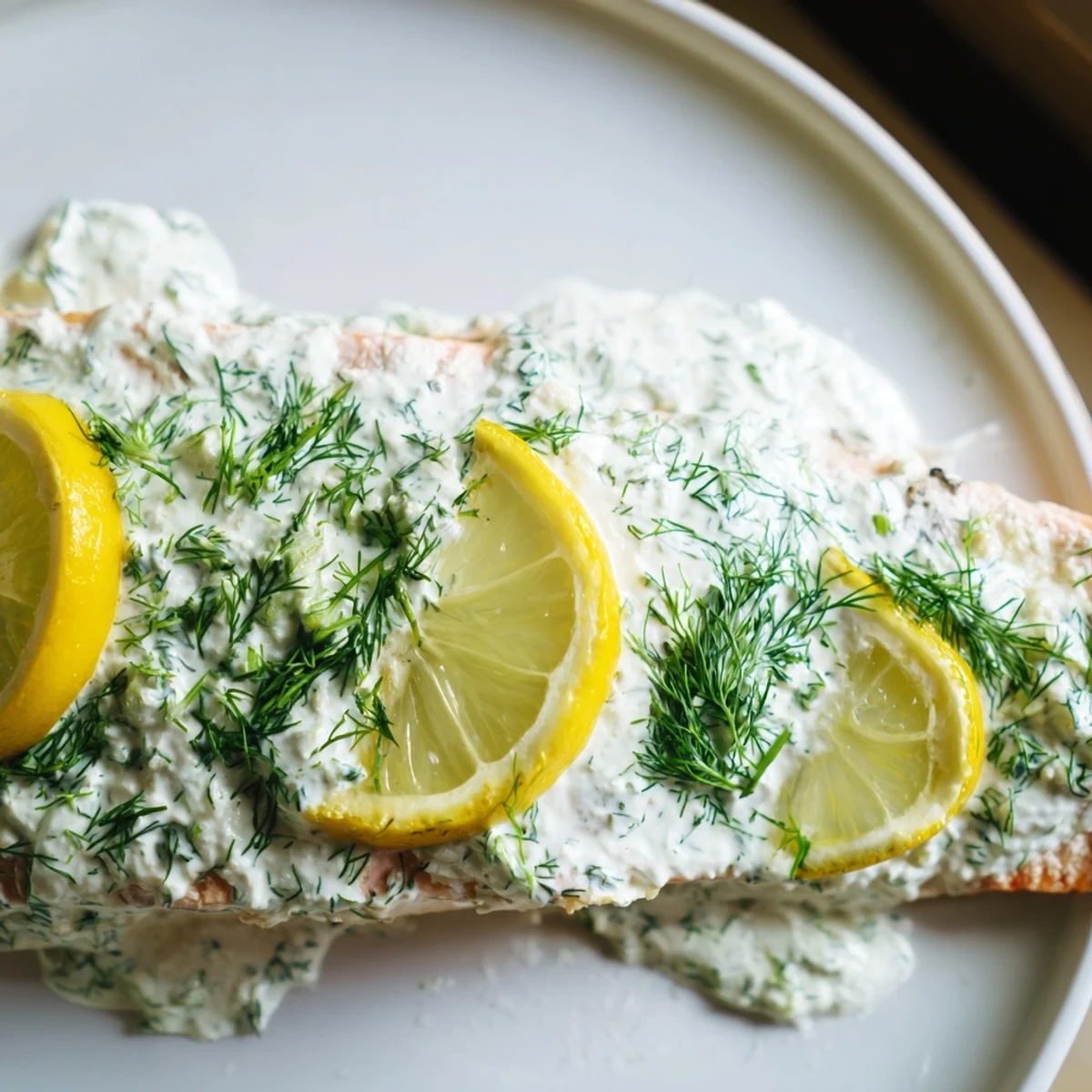 Juicy fillet of Baked Salmon with Dill and Cucumber Yogurt served with roasted potatoes and a dollop of creamy sauce.