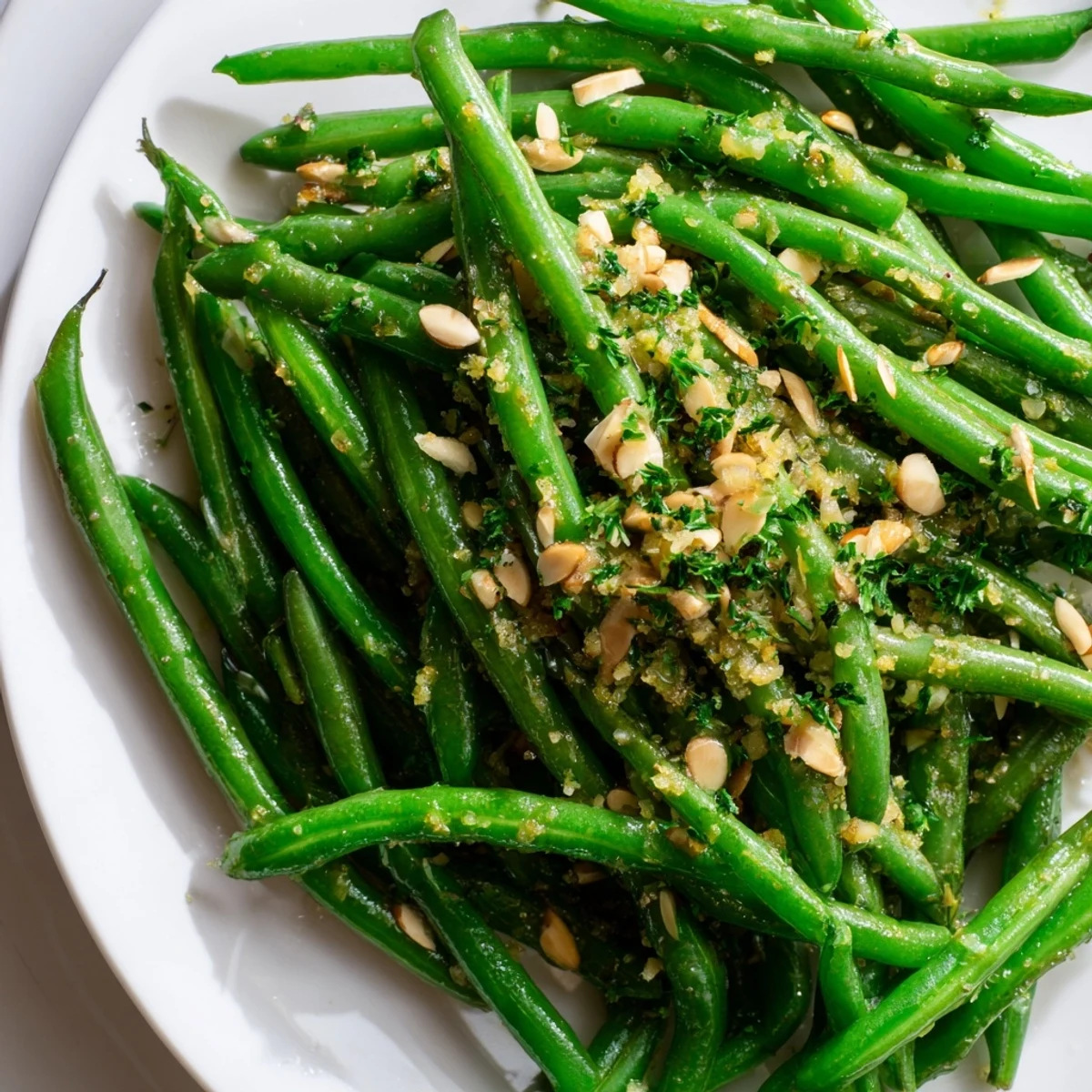 Crisp bright green beans tossed in zesty lemon dressing and topped with toasted almonds on a white plate.