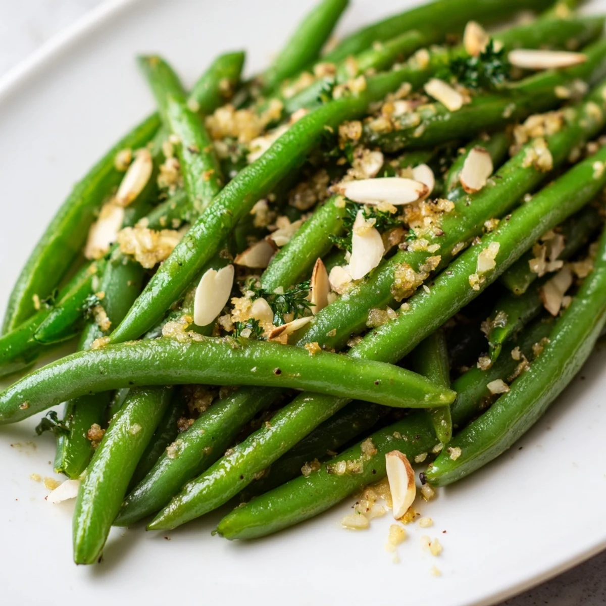 Fresh lemon green beans plated with shaved almonds and parsley next to roasted chicken for a quick dinner.