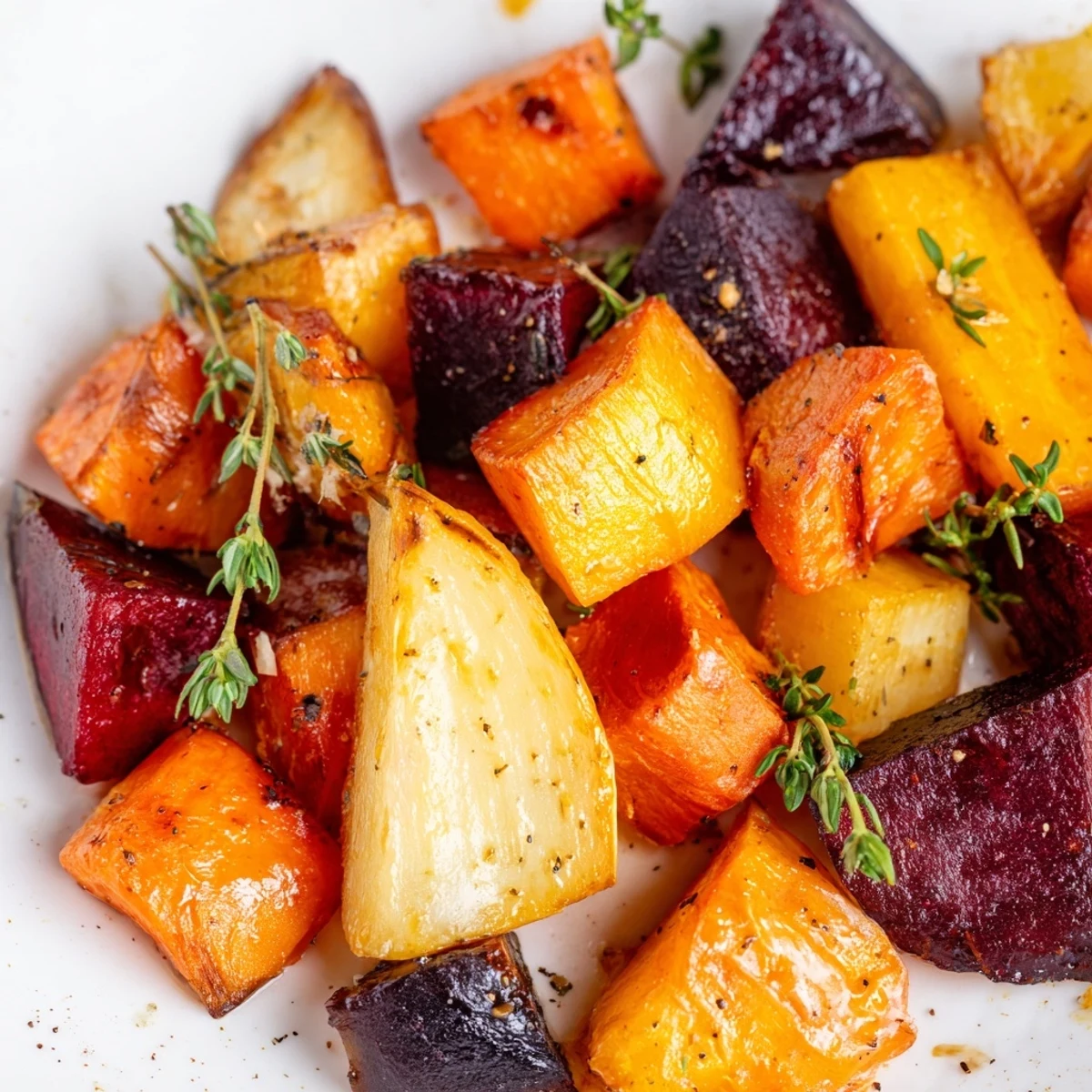 Sliced Roasted Roots with Thyme served on a white plate, showcasing tender chunks of carrots, beets, and sweet potatoes.