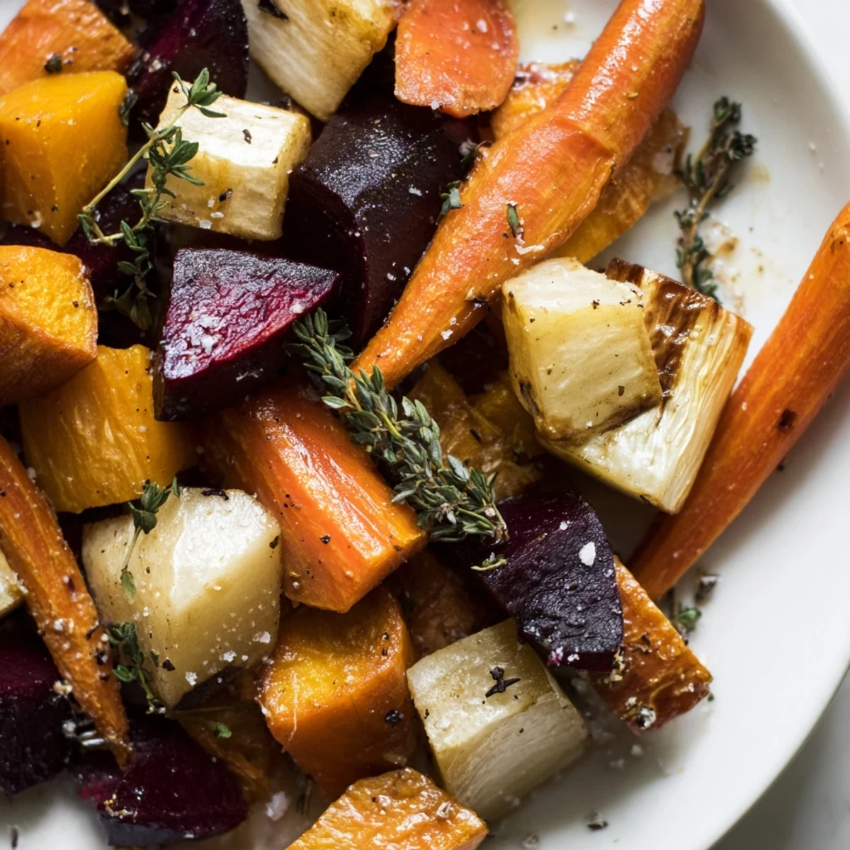 Roasted Roots with Thyme fresh from the oven, featuring caramelized carrots, parsnips, and beets with fragrant herbs.