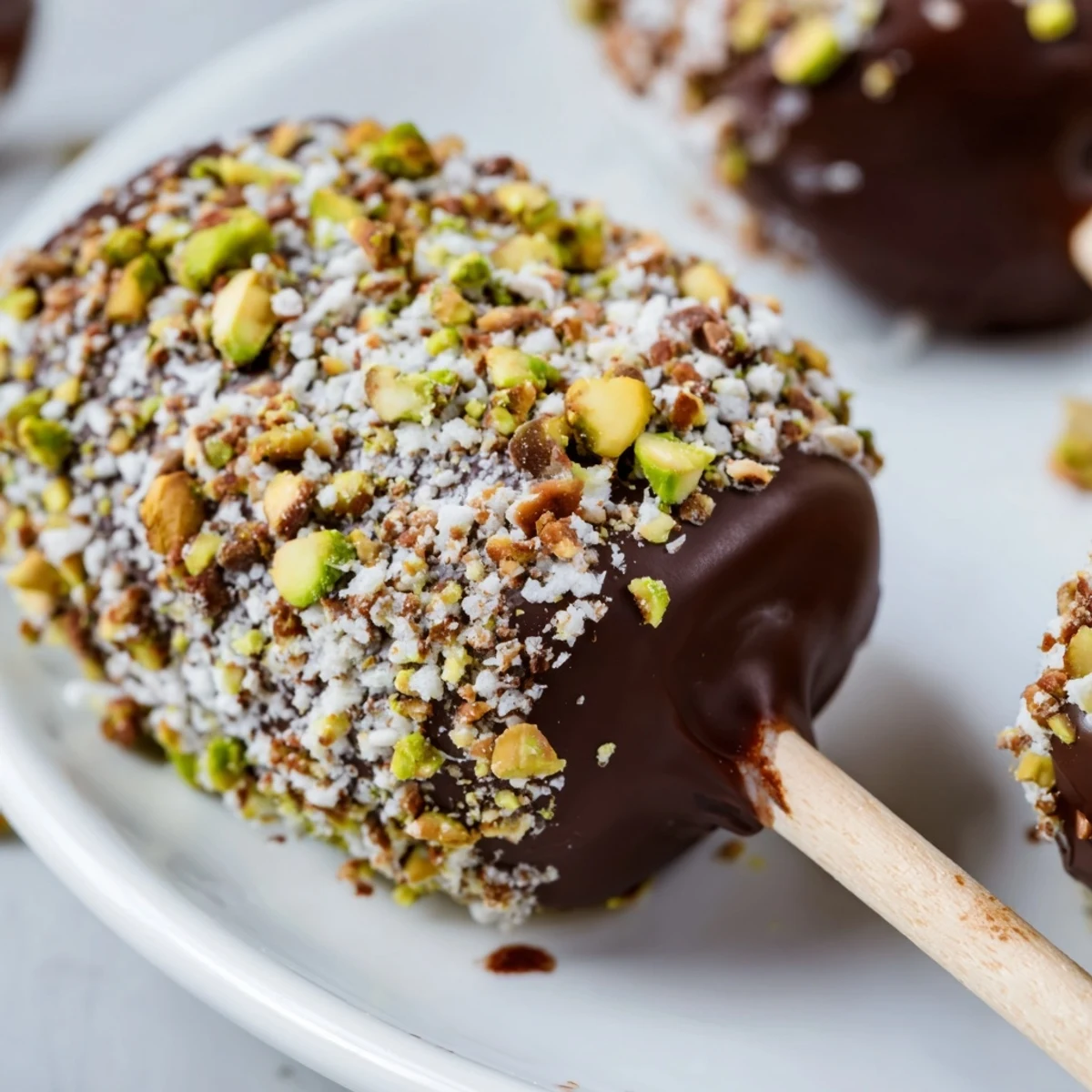 Chocolate Marshmallows on Stick dipped in melted chocolate, garnished with crushed nuts, displayed on a parchment-lined baking sheet.