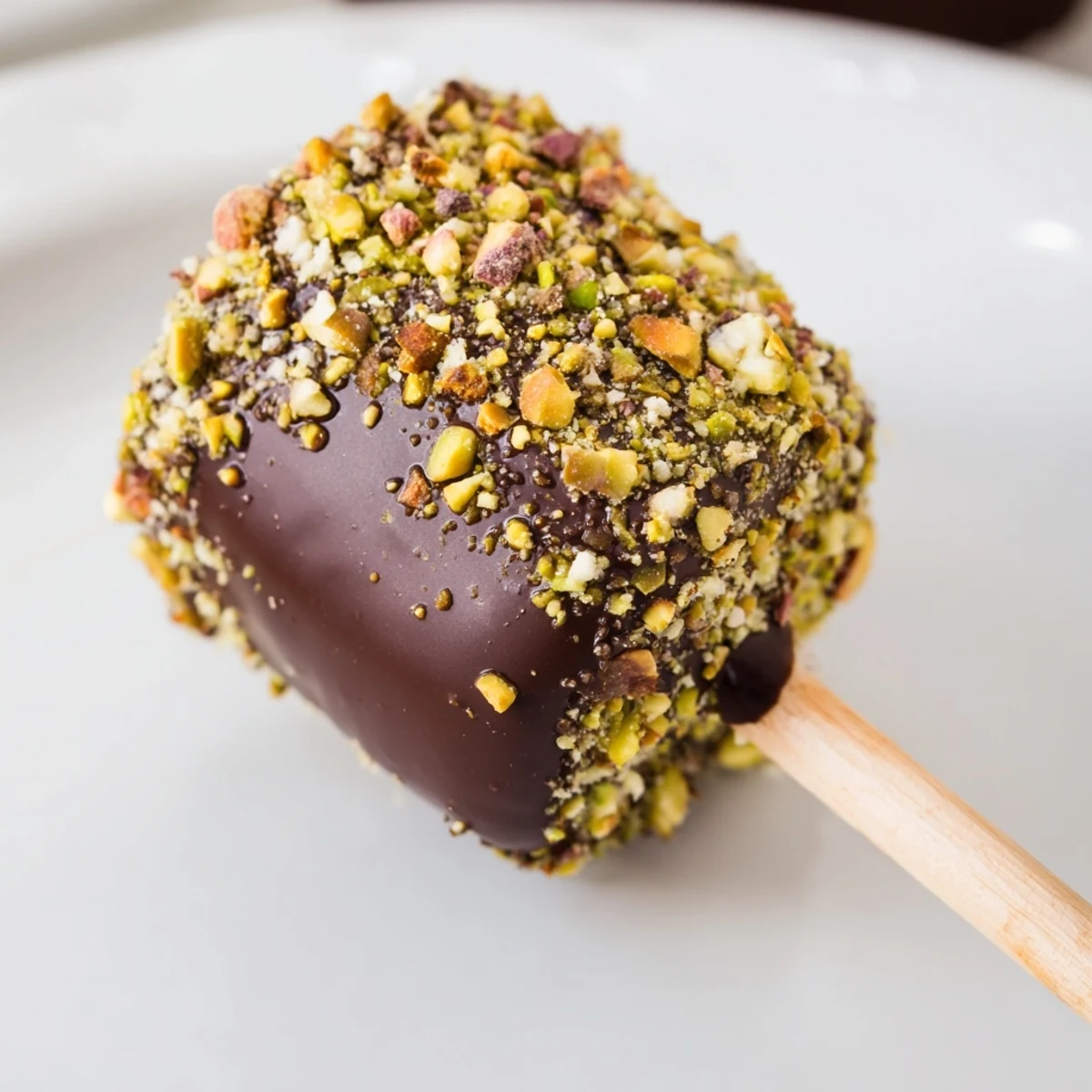 Festive Chocolate Marshmallows on Stick served as a party treat, rolled in colorful sprinkles and displayed upright on a wooden board.