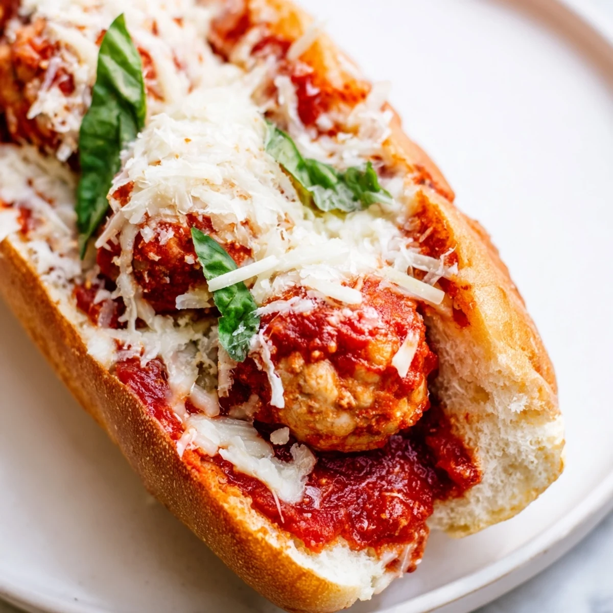 Fresh basil garnish crowns these juicy Turkey Meatball Subs, served hot and ready for dinner.