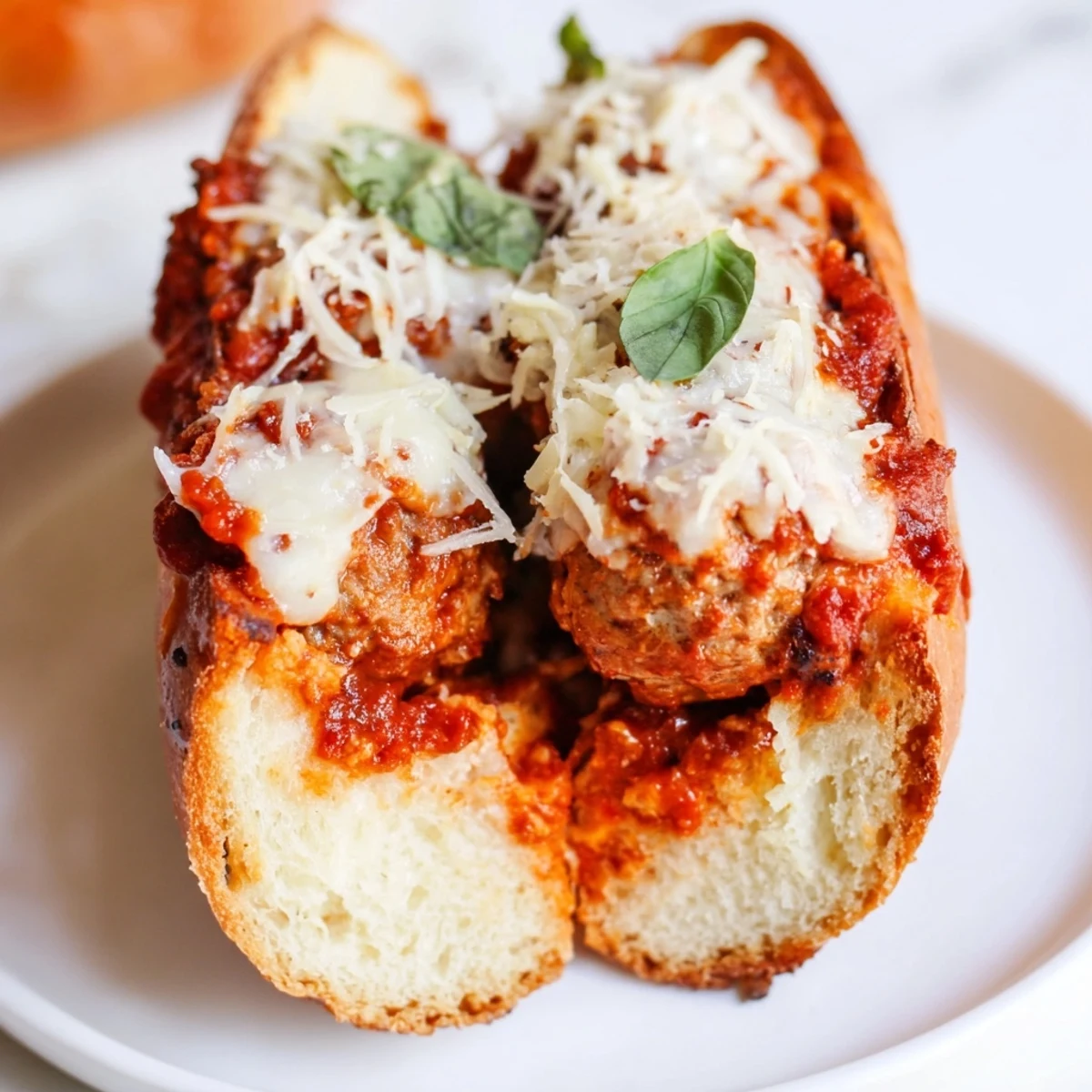 Golden-brown turkey meatballs simmer in rich tomato sauce inside toasted sub rolls, topped with melted mozzarella.