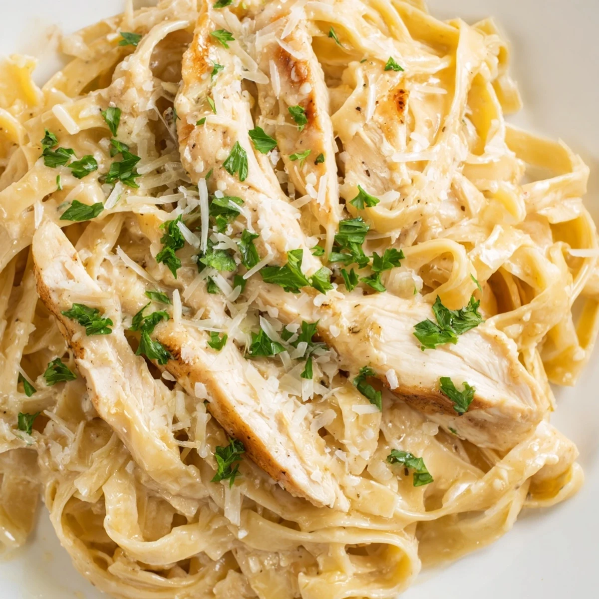 Creamy Chicken Alfredo with tender sautéed chicken strips tossed in a velvety Parmesan sauce over fettuccine.