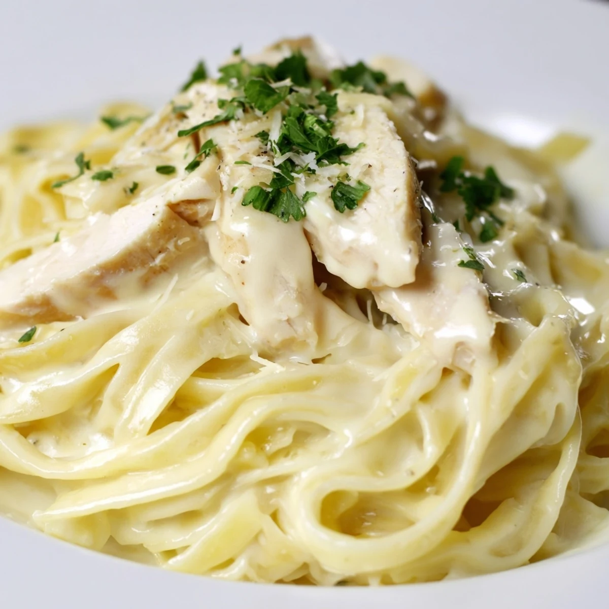 A fork lifts fettuccine from a skillet of Creamy Chicken Alfredo, showcasing the rich, creamy sauce.