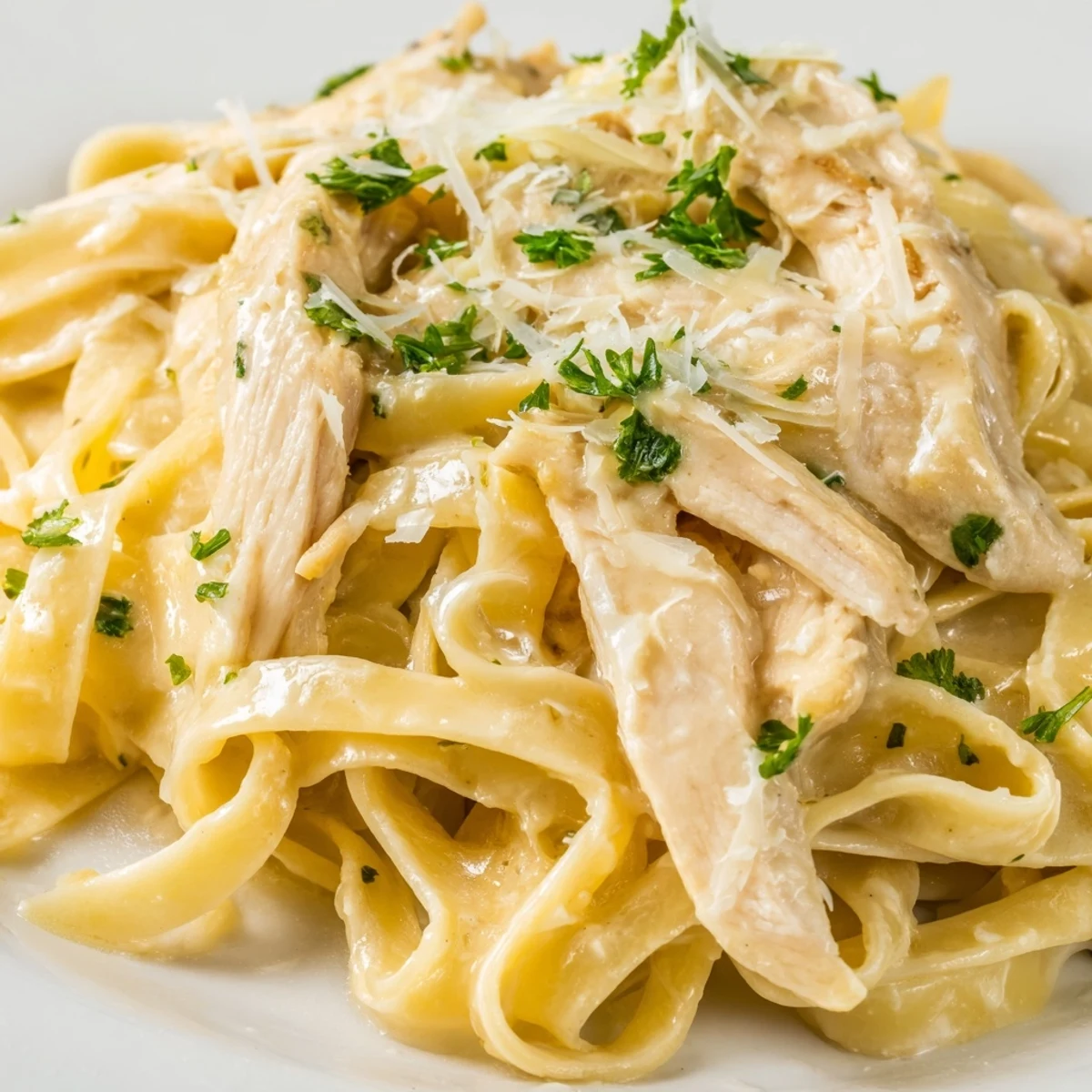 Freshly chopped parsley and extra grated Parmesan garnish this Italian-American main dish, served hot.