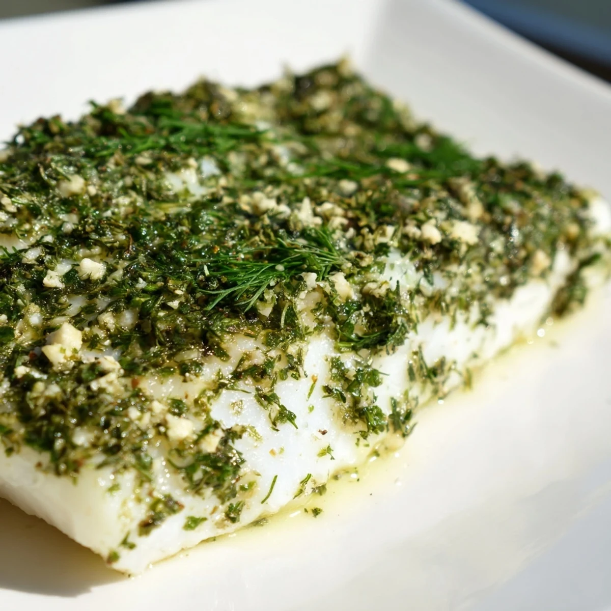 Close-up of Baked Halibut with Herbs showcasing lemon zest and minced garlic topping, ready to serve on a white plate for an elegant dinner.