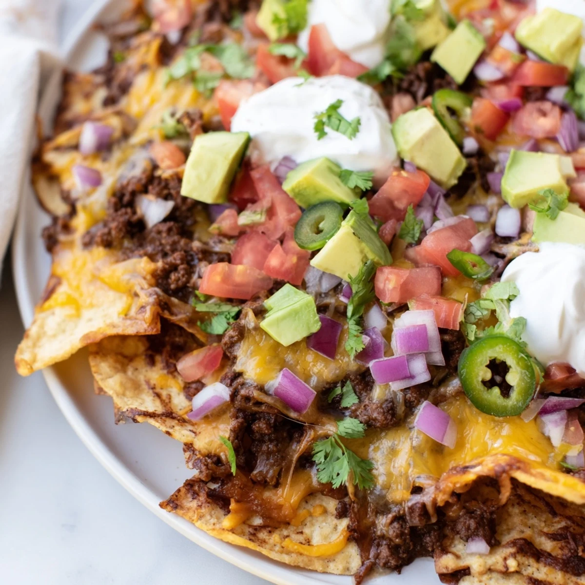 Golden, bubbly melted cheese blankets a Beef Nacho Platter, with sour cream and fresh avocado chunks beside colorful jalapeños.
