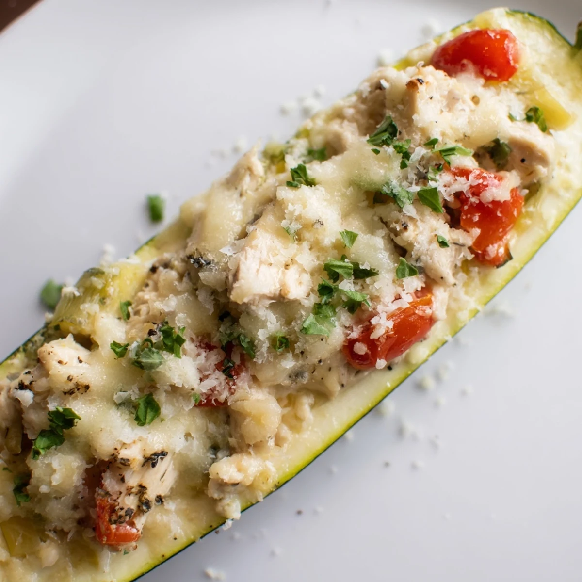 Savory Chicken Zucchini Boats served hot on a white plate, garnished with fresh parsley and a side salad.