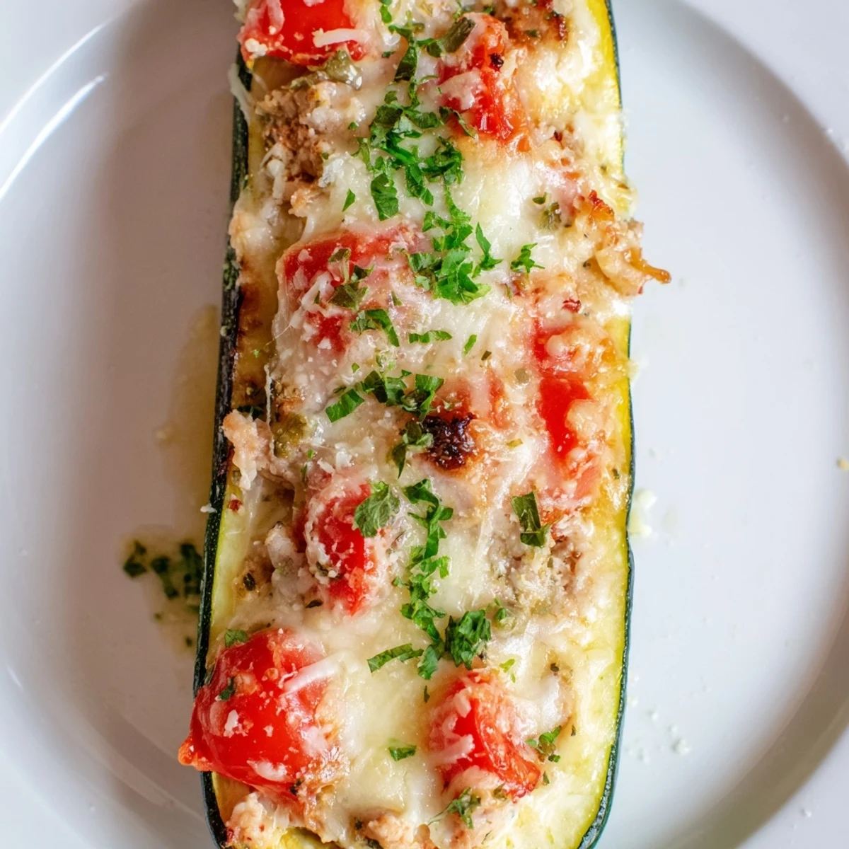 Golden-brown Chicken Zucchini Boats fresh from the oven, filled with bubbling mozzarella and savory tomato-chicken stuffing.
