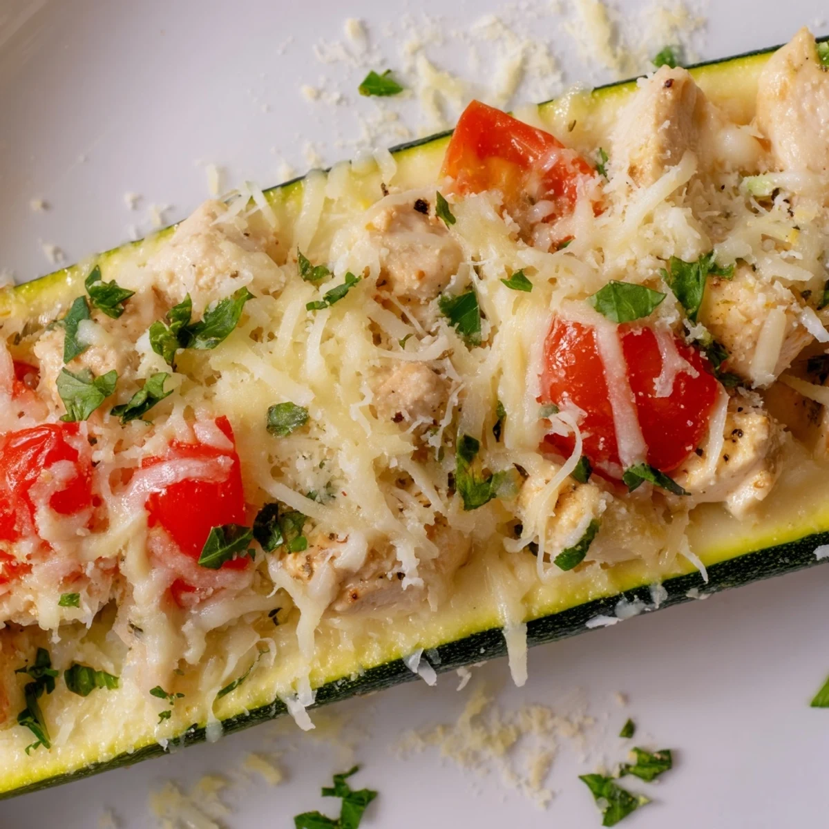 Close-up shot of Chicken Zucchini Boats revealing tender zucchini shells loaded with juicy chicken and melted cheese.