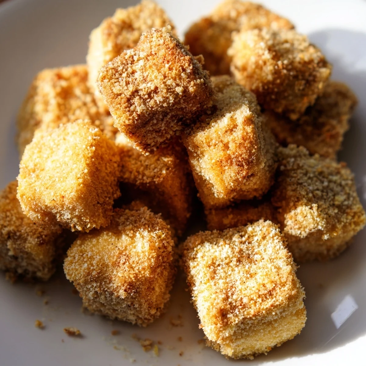 Freshly fried Crispy Tofu Bites piled high, garnished with sesame seeds and chopped green onions.