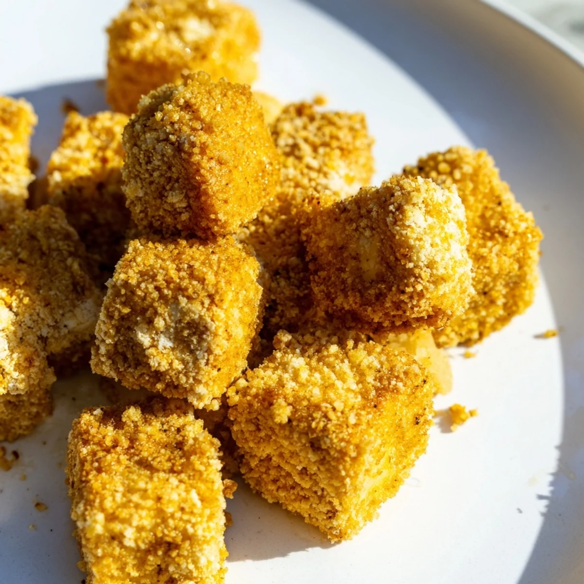 Golden-brown Crispy Tofu Bites in a rustic bowl, served with a small dish of spicy dipping sauce.