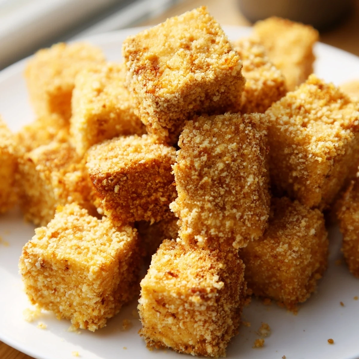 Close-up of Crispy Tofu Bites showing a crunchy golden coating and fluffy interior, ready to eat.