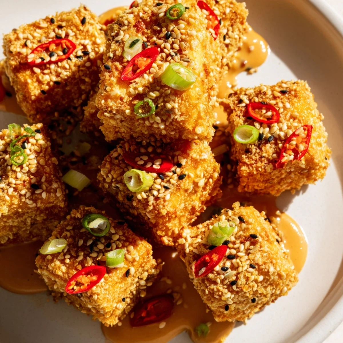 Crispy Baked Tofu with Sesame Peanut Sauce is garnished with green onions and sesame seeds, served over fluffy white rice.