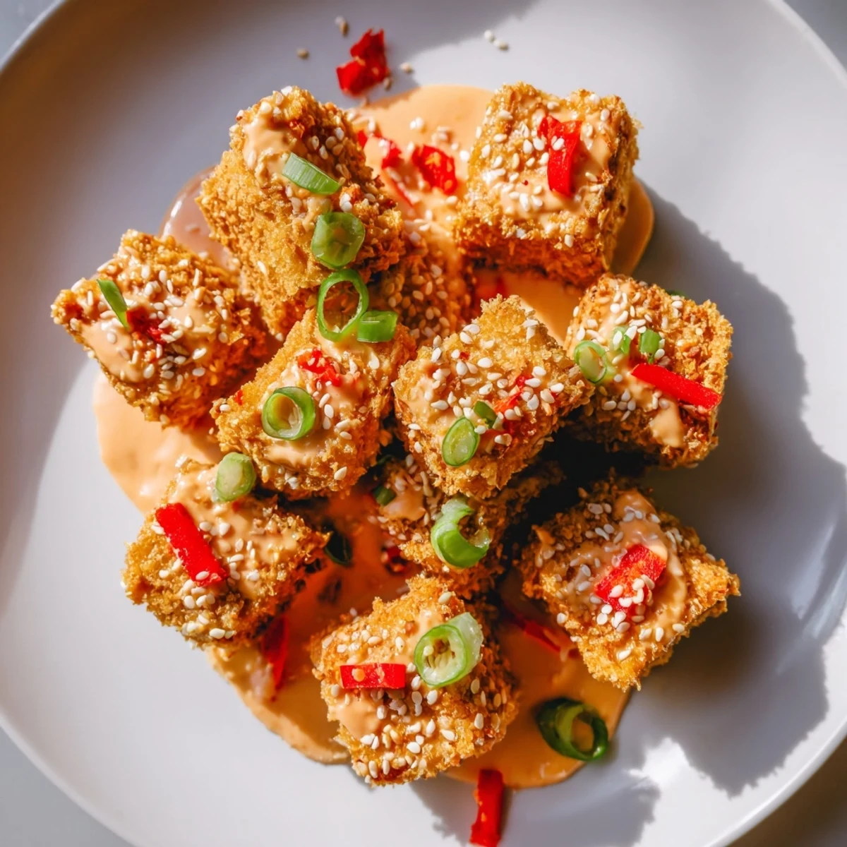 These golden baked tofu cubes are tossed in a luscious peanut sauce, perfect alongside stir-fried vegetables for a vegan meal.