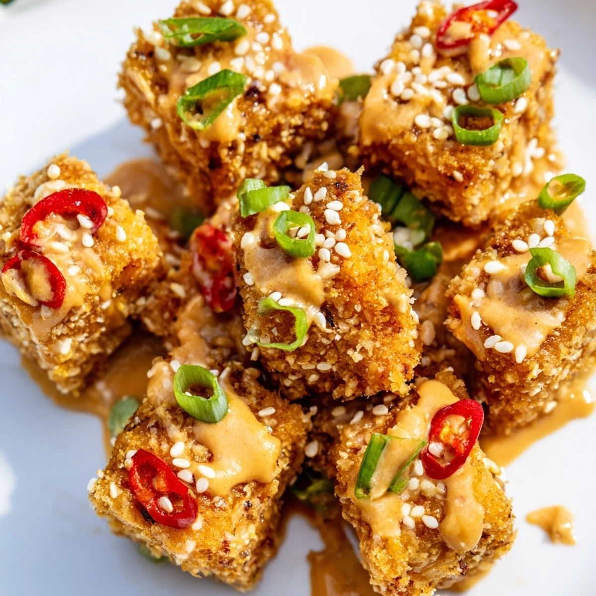 Golden cubes of Crispy Baked Tofu with Sesame Peanut Sauce are drizzled with extra sauce and garnished with red chili slices.