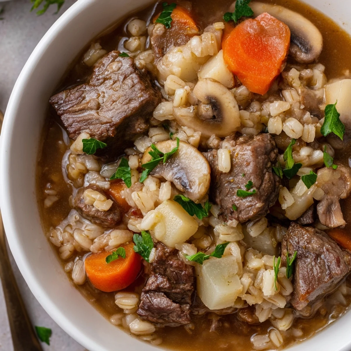 A steaming bowl of Hearty Beef and Barley Stew with Parsnips, featuring tender beef chunks and root vegetables in a savory broth, garnished with fresh parsley.